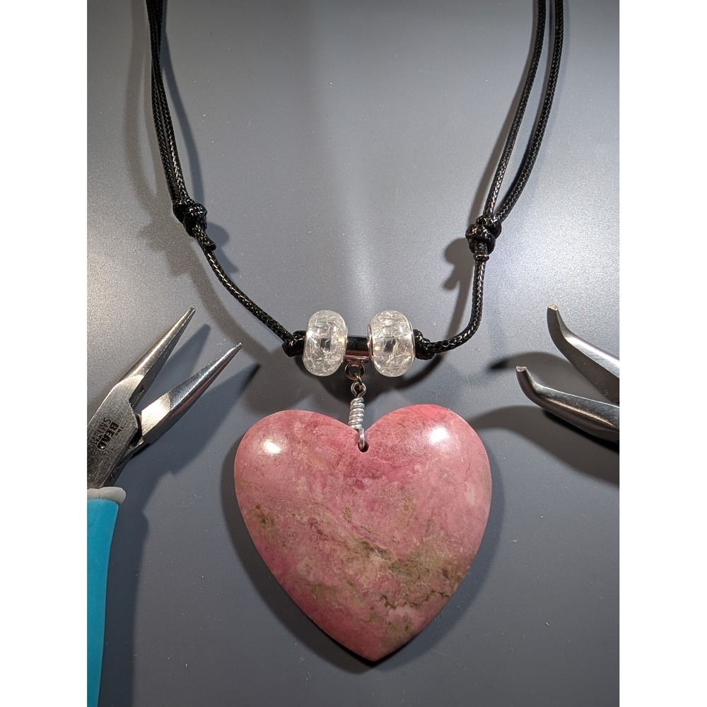 Rhodolite Stone Heart Pendant Necklace Adjustable Black Cord Pink Gemstone Boho